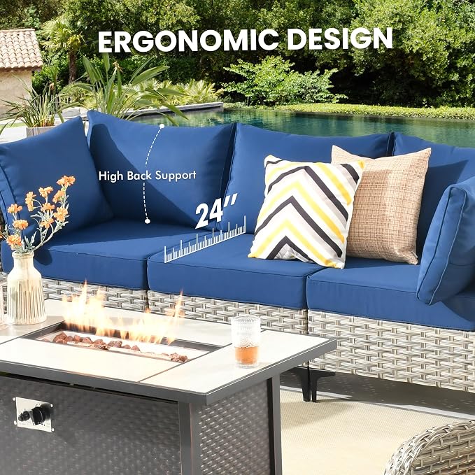 Outdoor Sectional Patio Furniture Set with Glowing Table,5 Pieces Wicker Conversation Sets L Shaped Couch Out Door Sofa Set Outside Furniture for Garden Deck Yard Porch,Navy Blue