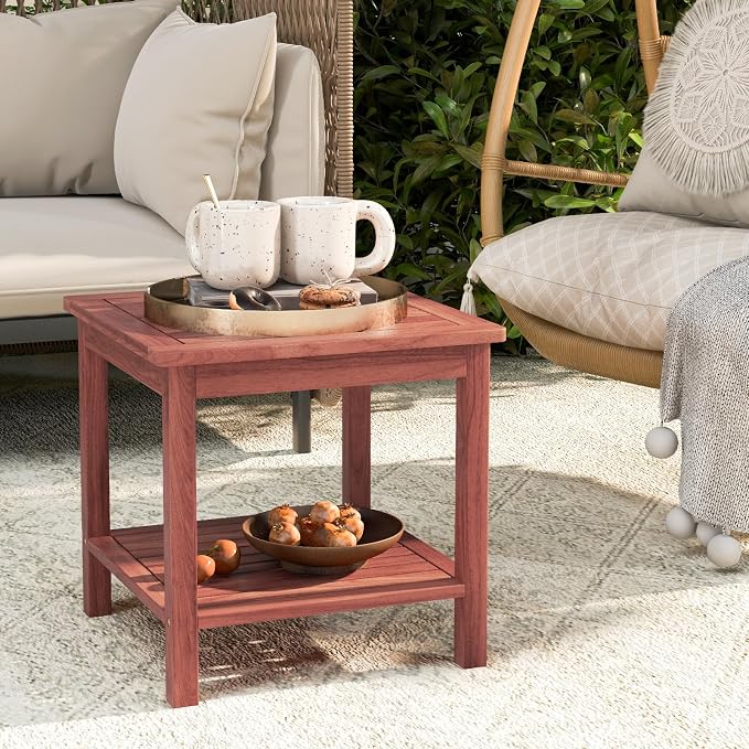Tangkula Patio Side Table, Double-Tier Acacia Wood End Table, Slatted Tabletop & Shelf, Outdoor Small Side Table with Storage, Compact Wood Table for Backyard, Balcony (2, Natural)