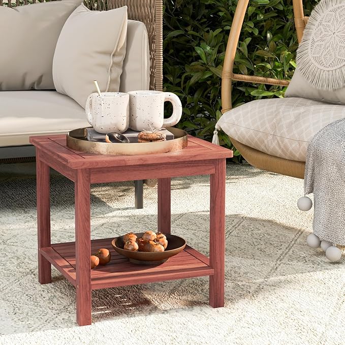 Tangkula Patio Side Table, Double-Tier Acacia Wood End Table, Slatted Tabletop & Shelf, Outdoor Small Side Table with Storage, Compact Wood Table for Backyard, Balcony (1, Natural)