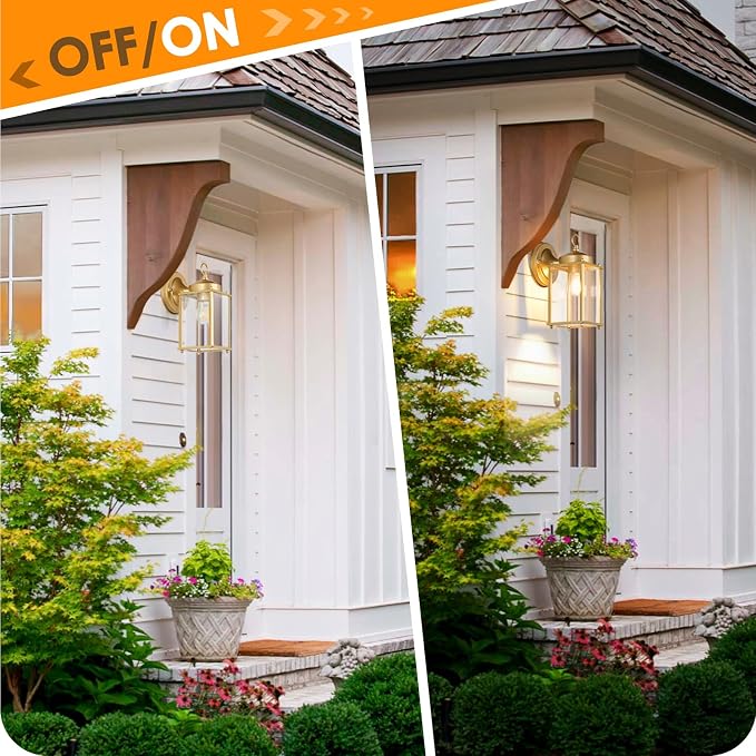 MATAMEYE Large Outdoor Wall Lantern, Exterior Waterproof Wall Sconce Light Fixtures, Gold Front Door Lighting with Clear Beveled Glass, Anti-Rust E26 Socket Porch Lamp, 2 Pack