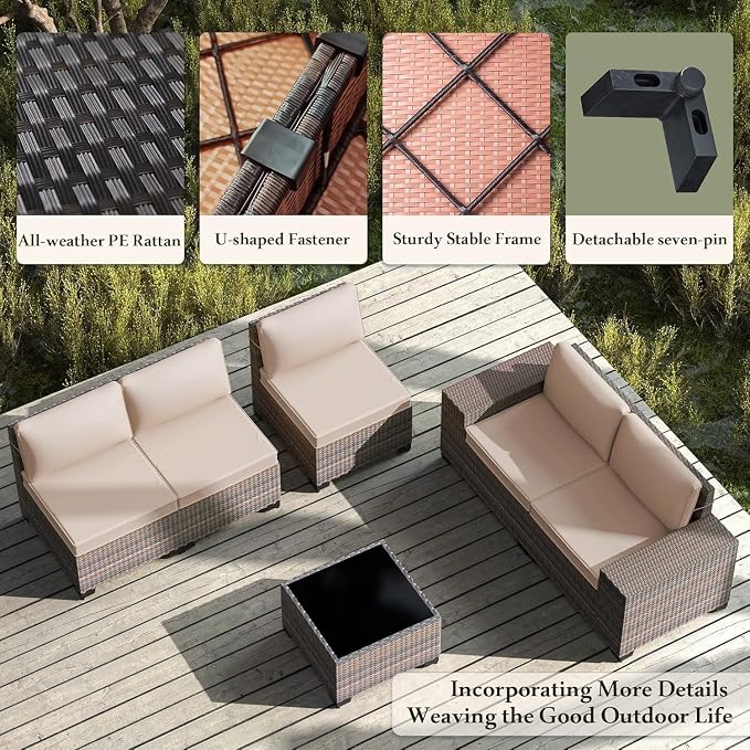 10 PCS Outdoor Patio Furniture Set,Outdoor Sectional Furniture with 43" 55000 BTU Gas Propane Fire Pit Table,All Weather PE Rattan Wicker Patio Conversation Set,Swivel Rocking Chairs Set,Sand