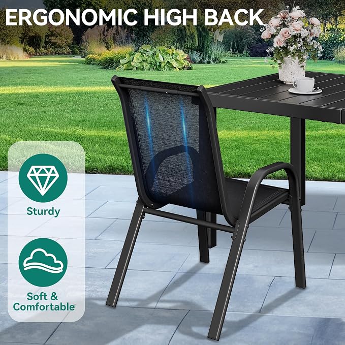 YITAHOME Stackable Patio Dining Set for 6, Breathable Outdoor Dining Set w/55 Aluminum Patio Table & 6 Stackable Patio Chairs Set, All Weather Outdoor Patio Dining Set for Backyard Deck Porch, Black