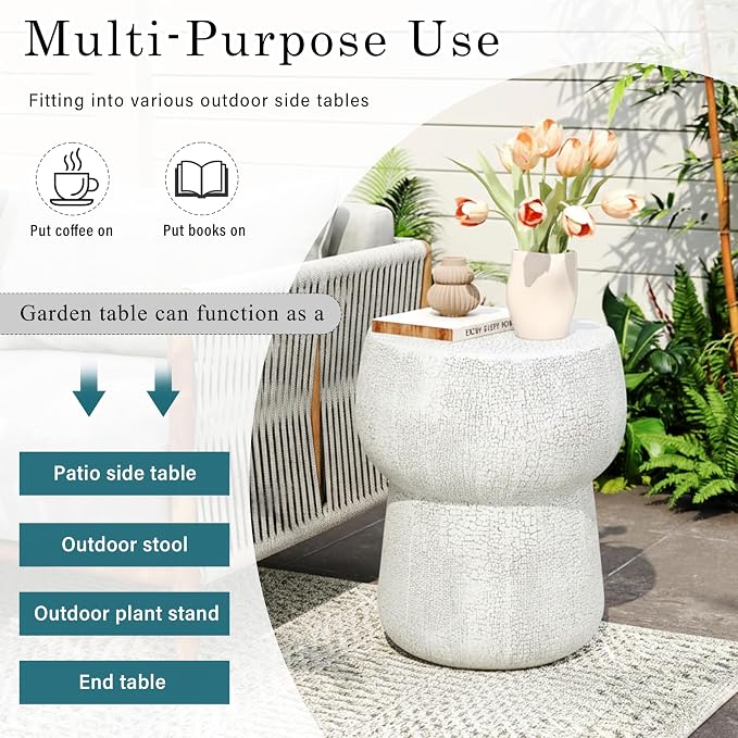 Outdoor Patio Faux Stone Accent Table, Modern Concrete Coffee Table with Double Barrel Shape Side Table, Garden Stool End Table for Patio, Garden, Backyard - 14.37" Grey MgO