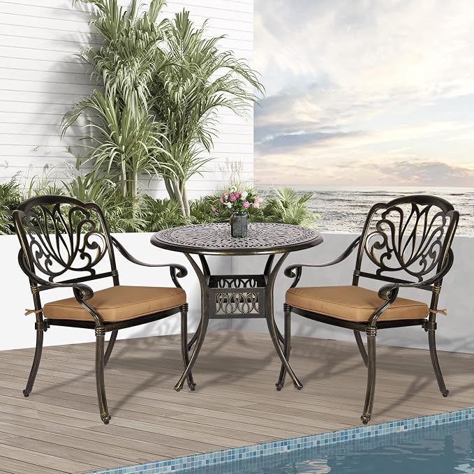 3-Piece Outdoor Patio Dining Set, All-Weather Cast Aluminum Patio Furniture Set for Backyard Garden Deck with 2 Cushioned Chairs and 35.4” Round Table, 2" Umbrella Hole