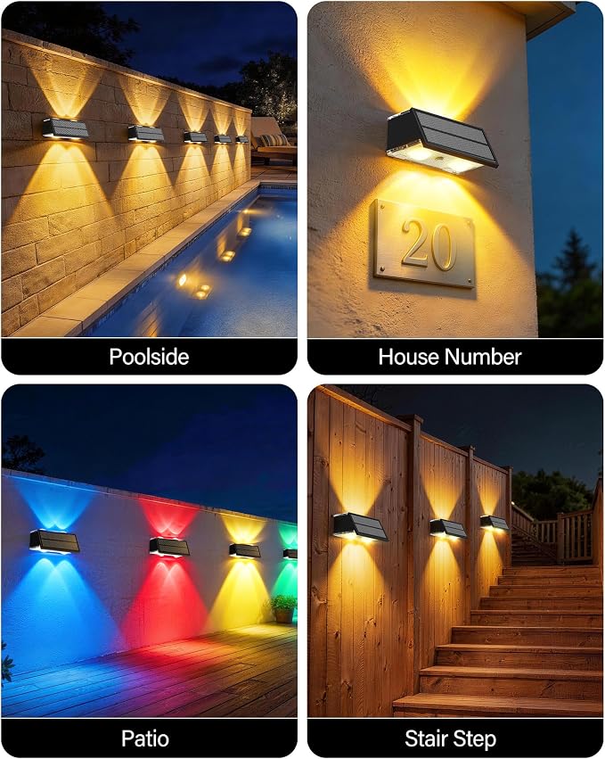 Solar Fence Lights Outdoor, 2 Pack Fence Solar Lights Waterproof | IP65 Fence Lights Solar Powered Up & Down LED Focus, 9 Color Modes, 12H Dusk to Dawn Glow for Pool/Patio/Backyard - Black