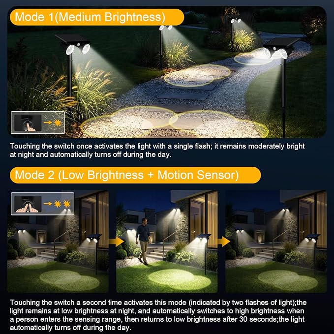 Solar Lights Outdoor Waterproof, Dual Heads Adjustable Solar Spot Lights Outdoor, 2-in-1 Motion Sensor Solar Powered Spotlight Landscape Lighting for Garden, Yard, Pathway- 2 Pack (Cool White)