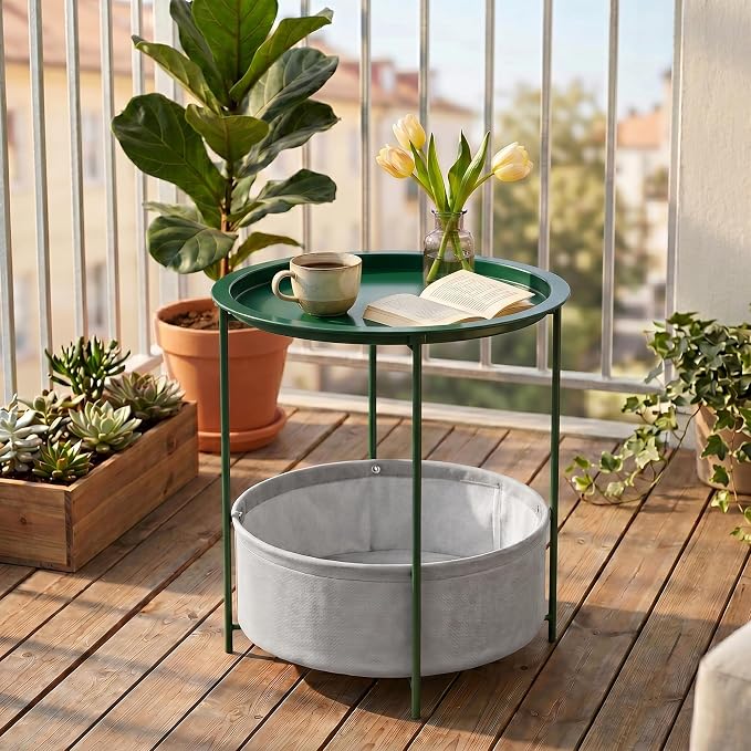 VECELO Round Side/End Table with Fabric Storage Basket，Metal Anti-Rust and Waterproof Small Bedside Nightstand with Removable Tray Top for Living Room，Balcony & Laundry，Dark Green /1pcs with Basket