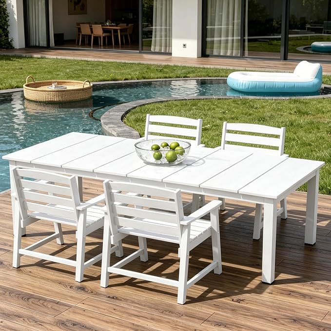 AreShark 5-Piece Outdoor Dining Set,HDPE Patio Table with 4 Chairs,All-Weather Patio Furniture Set with Umbrella Hole,Low Maintenance Wood Grain Dining Set for Backyard,Garden,Poolside,White