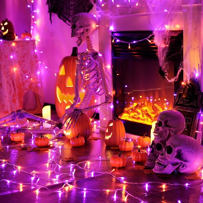 JMEXSUSS 33 FT 100 LED Orange and Purple Halloween String Lights Indoor | Plug In Halloween Lights Clear Wire, 8 Modes Outdoor Waterproof Christmas String Light for Halloween Decor
