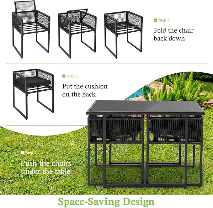 Tangkula 3 Pieces Outdoor Dining Set, PE Rattan Patio Furniture Set with Folding Backrest, Cozy Seat Cushions, Tempered Glass Tabletop, Space-Saving Bistro Table and Chairs Set of 2 for Backyard Pool