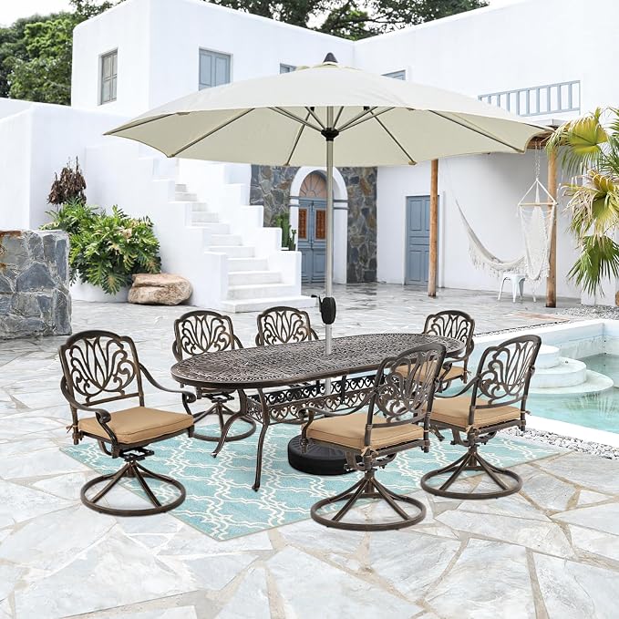 Cast Aluminum Patio Dining Table,Outdoor Dining Table for 8-10,Patio Metal Dining Table with Umbrella Hole for Backyard,Garden,Poolside (1, Oval)