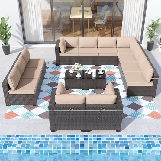 ALAULM 14 Pieces Patio Furniture Set Wicker Patio Conversation Set, Outdoor Sectional Furniture w/Coffee Table & Washable Seat Cushions-Sand