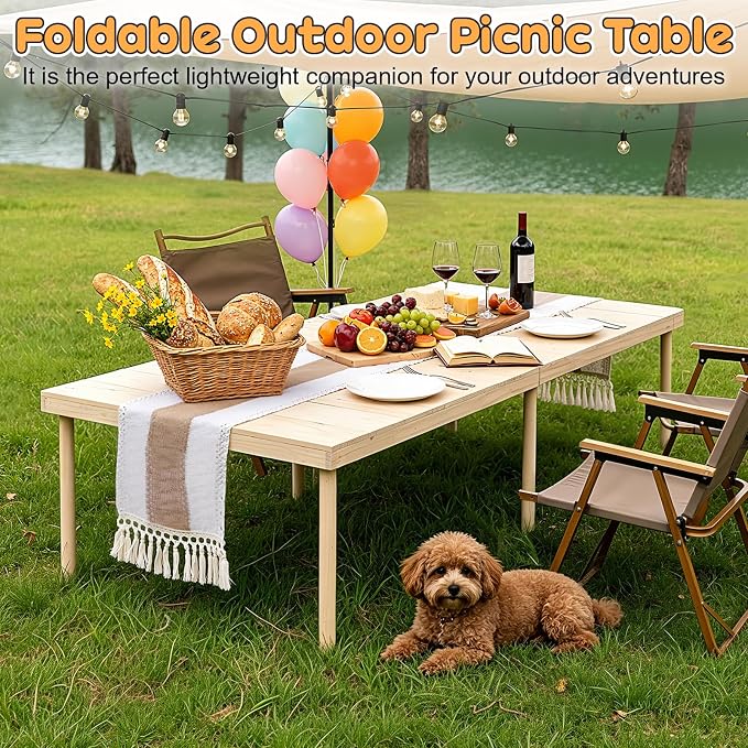 60'' Folding Wooden Picnic Table, Adjustable Height Portable Picnic Table for Outdoor Camping, Beach, Patio, Backyard, Solid Wood Boho Low Picnic Tables with Detachable Legs and Table Runner