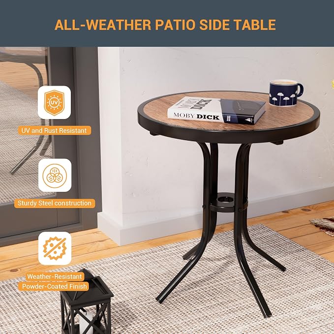 Outdoor Side Table with Wood-Like PDC Top, 17" Small Round Side Table Metal Patio End Table with Steel Frame for Balcony Garden Porch Deck Indoor