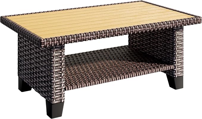 Rattaner Outdoor Wicker Coffee Table, Square Side Table with Wood-Like Tabletop, Brown