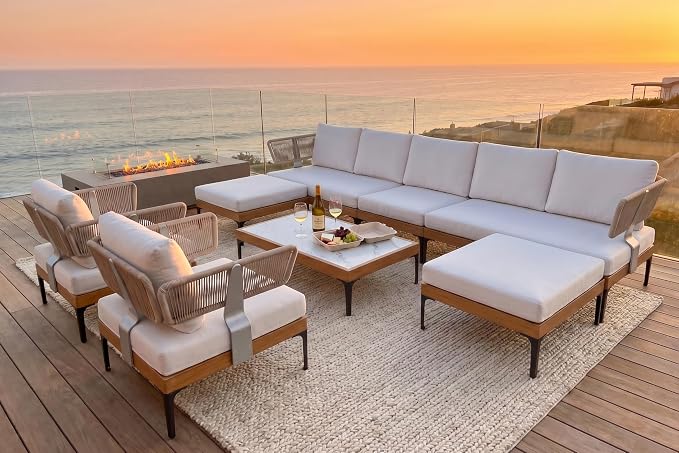 PURPLE LEAF Patio Furniture Set Outdoor Conversation Sets with Fade-Resistant Cushions and Pillows 10 Pieces Aluminum Modern Wicker Sofa Chairs for Balcony Yard Garden, White