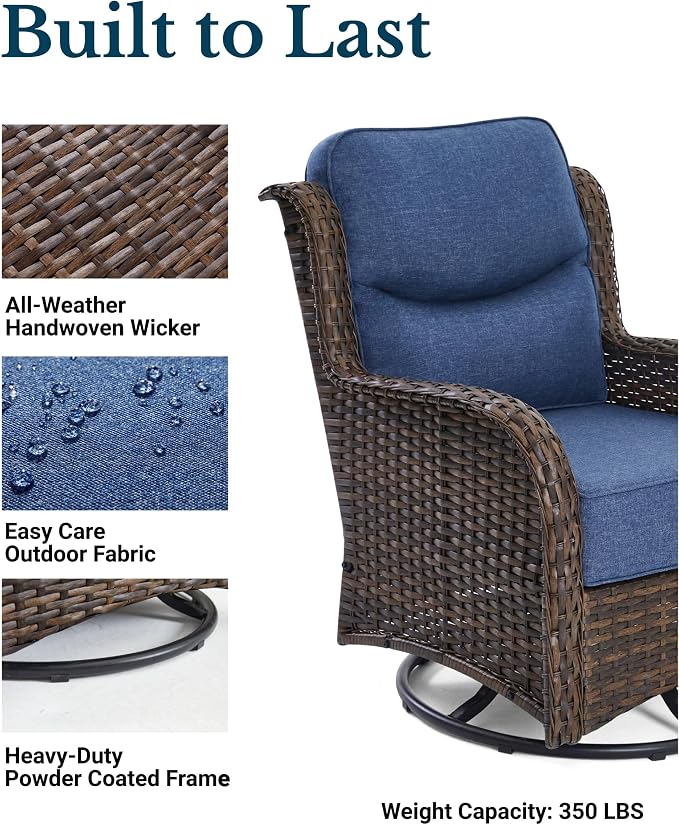 HILLGA Luxury Outdoor Patio Furniture Set with 6-Inch Thick Cushions, High Back Wicker Swivel Rocker Chairs, 7 Pcs All Weather Conversation Set for Large Deck, Yard and Poolside, Blue (V3)