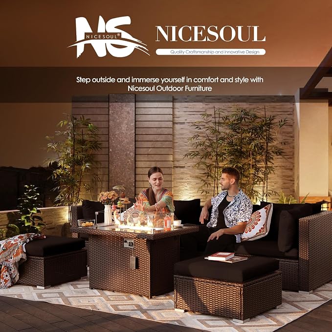 NICESOUL 11 Piece Outdoor Furniture Set with Firepit, High Weight Capacity 10-Seater Patio Sectional, 29.3'' High-Back Backyard Seating, All-Weather Rattan Couch Sets for Outside, Deck, Brown & Black