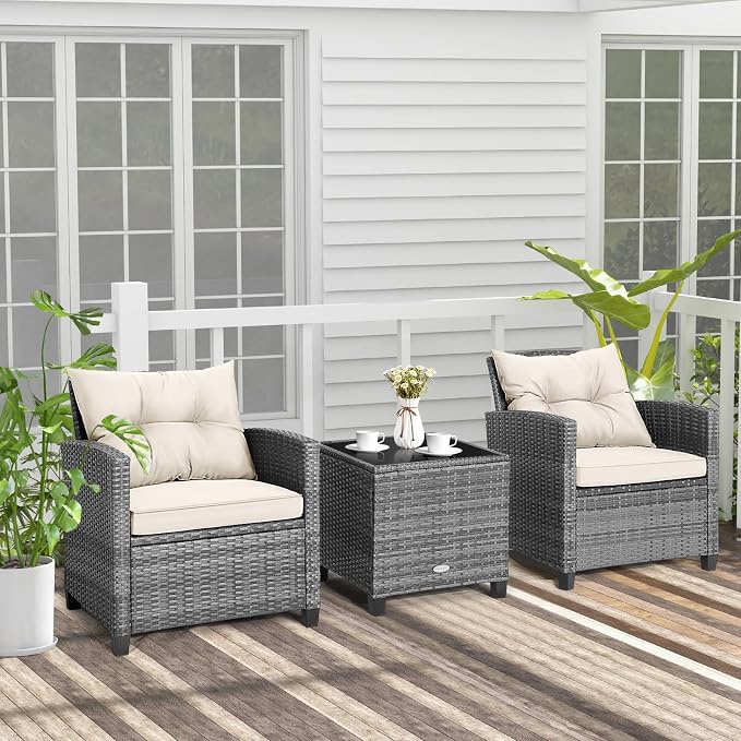 Tangkula 3 Pieces Patio Furniture Set, PE Rattan Wicker 3 Pcs Outdoor Sofa Set w/Washable Cushion and Tempered Glass Tabletop, Conversation Furniture for Garden Poolside Balcony (Mix Grey-White)
