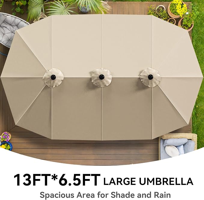 DWVO 8 Pcs HDPE Patio Dining Set with 13ft Umbrella, All-Weather White Outdoor Table and Chairs for 6, Heavy Duty Rectangle Pool Deck Furniture for Lawn, UV Resistant Outdoor Dining Set for Backyard
