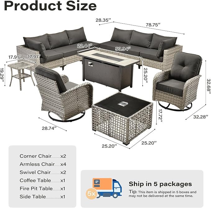 11 Pieces Outdoor Sectional Patio Furniture Set with 54" Fire Pit,Wicker Conversation Sets Rattan L Shaped Couch Swivel Rocking Chairs,Modular Outdoor Sofa for Porch Balcony Backyard Black