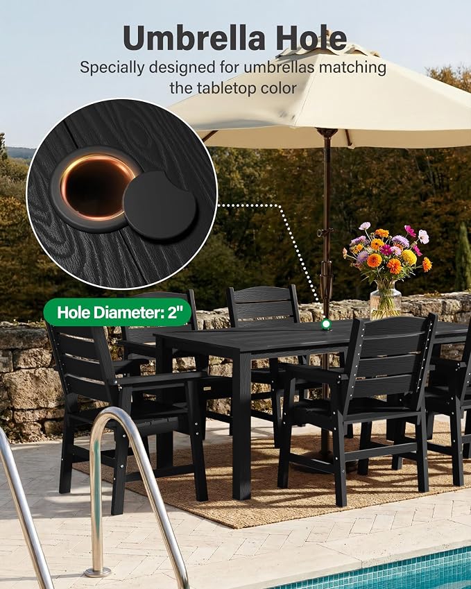YEFU Patio Dining Sets HIPS: 10-Piece Outdoor Table and Chairs with Umbrella Hole - Modern Outside Furniture Plastic Patio Dining Set for 8 with Metal Aluminum Frame for Family with Deck/Pool Black