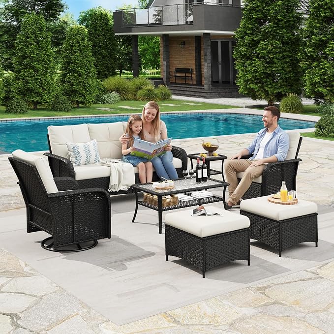 LazySunsets Luxury 9-Piece Patio Furniture Set, 360° Swivel Chairs, Wicker Rattan Sofa with Thick Cushion, Outdoor Conversation Set for Backyard, Poolside & Garden, Black/Beige