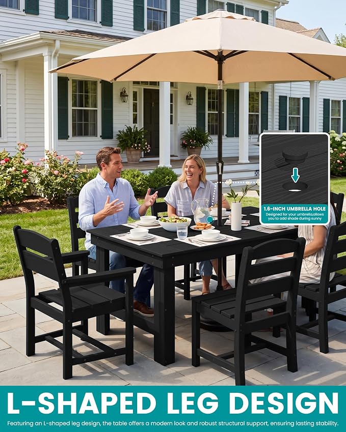 SERWALL HDPE Outdoor Dining Table and Chairs Set for 6 | with Armless Chair Seat
