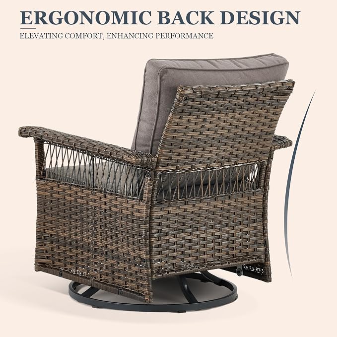 Patio Conversation Set 2 Wicker Swivel Glider Chairs with PE Rattan Side Table Set 3pcs Brown Wicker Patio Furniture with Grey Cushions Set for Garden Balcony Backyard Poolside