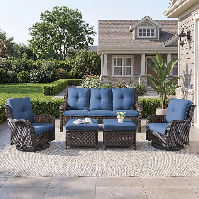 Belord 5 Piece Wicker Patio Furniture Set, Outdoor Swivel Rocker Chairs Set of 2 with Ottomans and 3 Seater Sofa, All Weather Patio Conversation Furniture Set, for Porch Pool, Brown Wicker/Blue