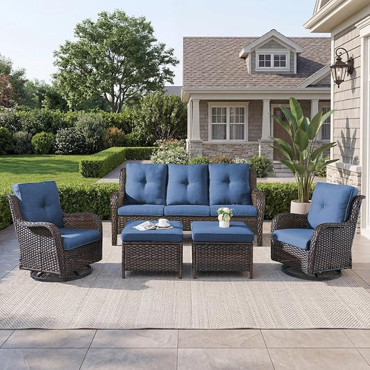 Belord 5 Piece Wicker Patio Furniture Set, Outdoor Swivel Rocker Chairs Set of 2 with Ottomans and 3 Seater Sofa, All Weather Patio Conversation Furniture Set, for Porch Pool, Brown Wicker/Blue