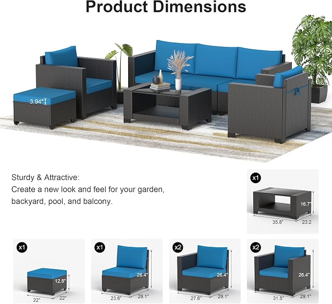 7PCS Patio Furniture Set, Outdoor Furniture All Weather Balcony Furniture with Thick Anti-Slip Cushions & Glass Table PE Rattan Patio Conversation Set for Backyard Garden (Peacock-Blue/XB, 7PCS)