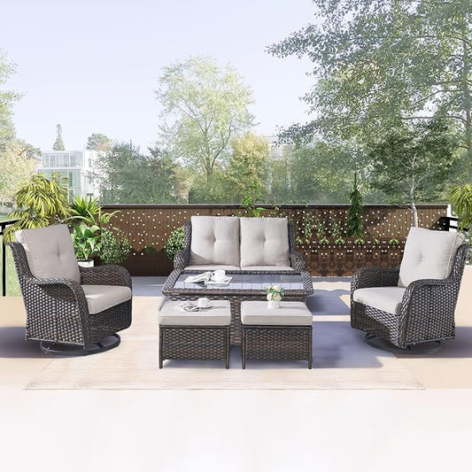 Rilyson 6 Piece Outdoor Patio Furniture Set - Rattan Wicker Patio Conversation Sets with 2 Swivel Rocker Chairs,2 Ottomans,1 Loveseat and 1 Coffee Table for Outside Porch Deck Backyard(Brown/Beige)