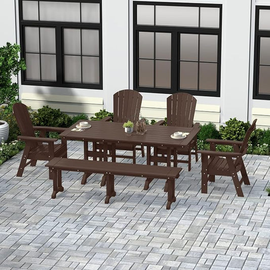 WestinTrends Dylan Adirondack Patio Dining Set for 6, All Weather Poly Lumber Outdoor Table and Chairs Set of 4, 71" Trestle Table and Adirondack Dining Chair with Dining Bench, Dark Brown