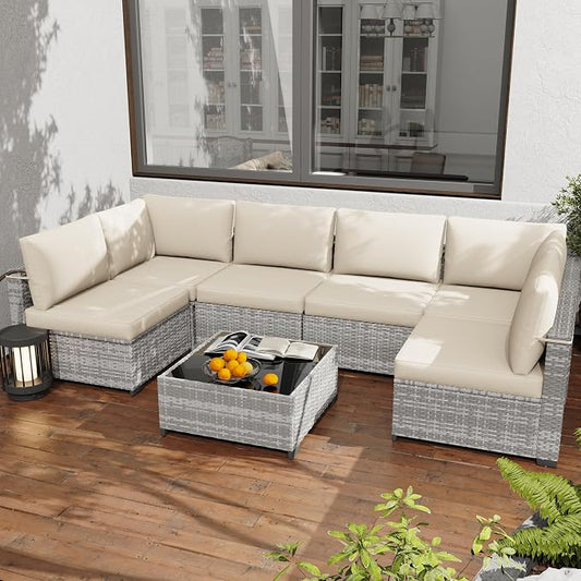 KIGOTY 7-Piece Patio Furniture Set, All-Weather PE Rattan Outdoor Sectional Sofa, Modular Wicker Conversation Set with Thick Cushions & Easy-Clean Coffee Table（Grey White/Grey）
