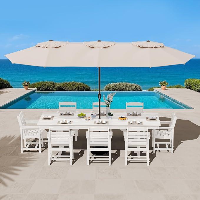 SERWALL 10 Piece Outdoor Dining Set with 15ft Triple-Head Foldable Umbrella(Based not Included), 84" HDPE Outdoor Table and Chairs for 8, White