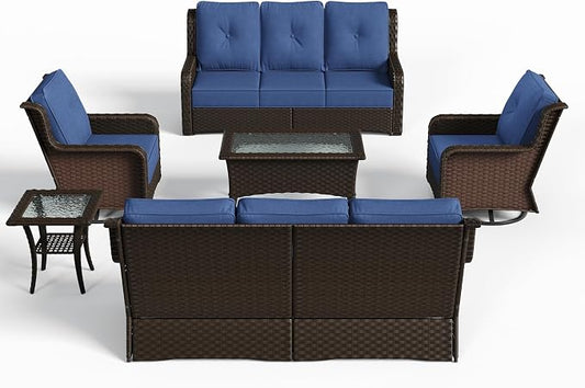 Sundale Outdoor 6 Piece Wicker Patio Furniture Set, High Back Outdoor Couch with Swivel Chairs & Coffee Table, 6" Thick Cushion Patio Conversation Sets with Deep Seating for Yard, Deck (Blue)