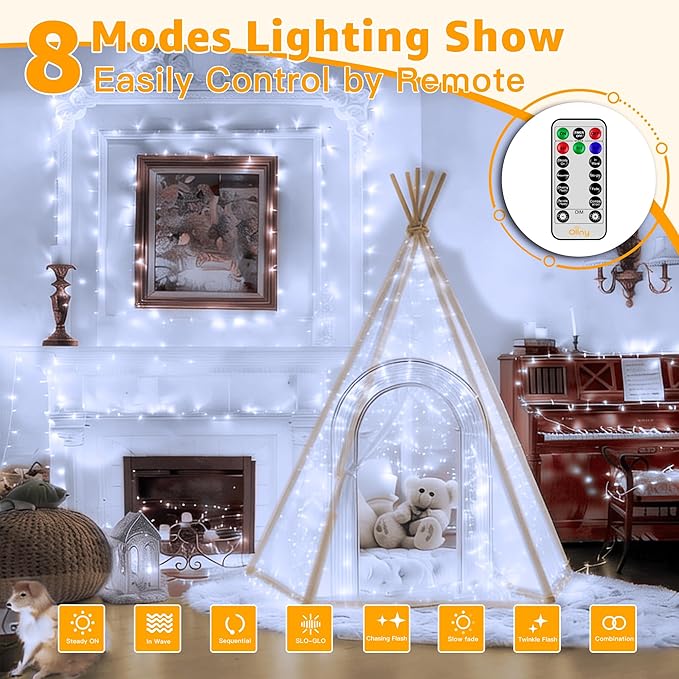 Ollny 262FT 800LED White Christmas Lights Outdoor Indoor Plug in | 8 Modes Fairy Light with Remote Waterproof Timers Dimmable LED String Lights for Bedroom Classroom Christmas Tree Decoration