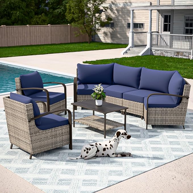 COOS BAY Aurora Terrace 6 Piece Outdoor Sectional Furniture Set, Half Moon Rattan Wicker Conversation Set with Patio Chairs, 4 Seat Sofa & Coffee Table for Patio Garden Yard, Beige/Blue