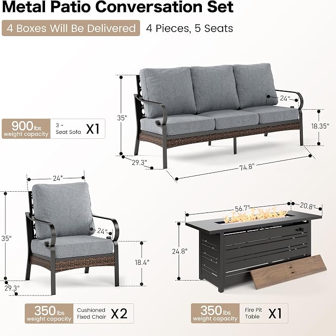 SUNSHINE VALLEY 4 Piece Black Metal Outdoor Patio Furniture Sets with Firepit Table, Patio Conversation Sets 1 3-Seater Sofa, 2 Single Sofa with 5.75" Thick Cushion Backyard Furniture for Deck, Gray