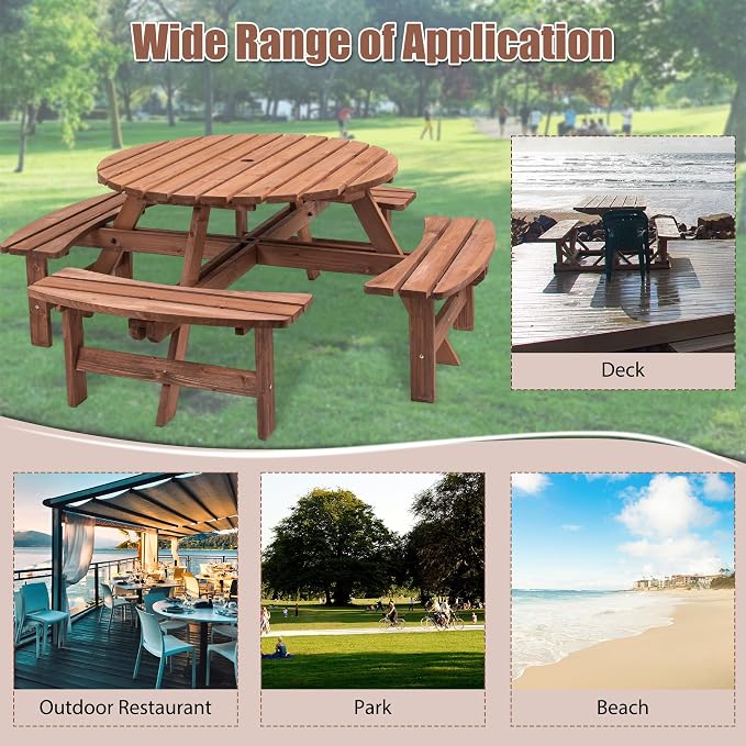 Thanaddo 8-Person Outdoor Circular Wooden Picnic Table, Camping Dining Table w/ 4 Built-in Benches, Outside Table Set with Umbrella Hole, 2220lb Capacity for Garden Patio Backyard - Brown
