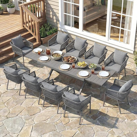 SUNSITT 11 Piece Outdoor Patio Dining Set, 65" - 107" Metal Expandable Outdoor Dining Table with X-Shape Legs, 10 Woven Rope Outdoor Patio Chairs w/Curved Armrest for Garden, Dark Grey