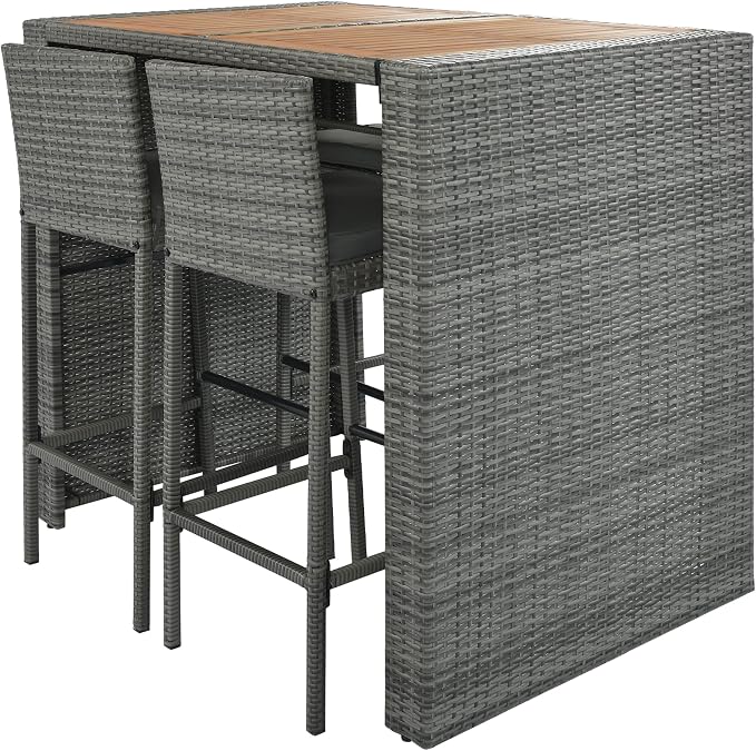 WILLIAMSPACE Patio Bar Table Set of 5, Outdoor Wicker Height Bar Table & 4 Chairs with Cushions & Wood Tabletop, Bistro Set for Backyards Porches (Brown+Grey)