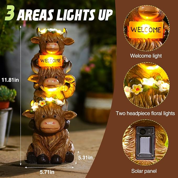 twinbling Garden Highland Cow Statue Solar Outdoor Decor | Flower Decoration Funny Triple Highland Cow Decor Birthday Gifts for Women Mom Figurine for Yard Garden Patio Lawn Ornaments