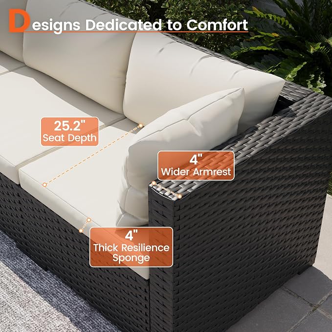 Patio Furniture Set, 7-Piece Outdoor Sectional All-Weather Wicker Patio Conversation Set for Backyard, Garden, White