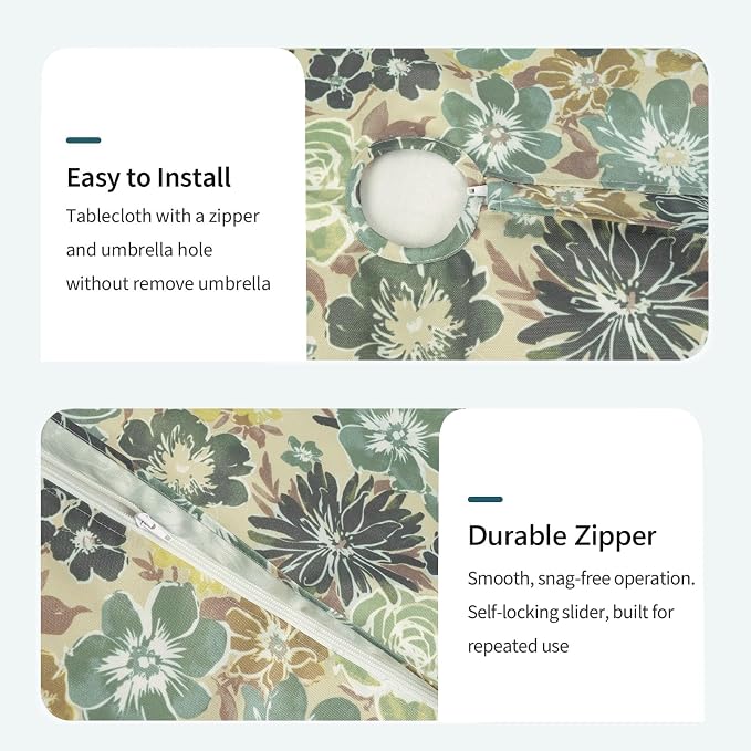 DYTXIII Outdoor Rectangle Tablecloth with Umbrella Hole and Zipper 84" x 60", Water Repellent Floral Picnic Cover, Fade & Wrinkle Resistant Tablecloth for Patio/Garden/Party Table, Green Rose