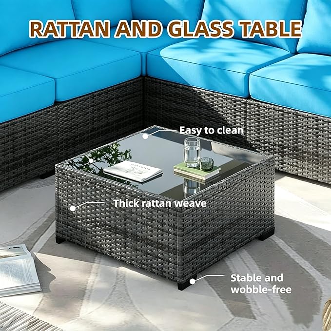 MOCHITO 5 Pcs Outdoor Patio Furniture Sets Grey Rattan Turk Blue Cushions | All-Weather Sectional Sofa, with Glass Table, PE Rattan Wicker Patio Furniture , Washable Cushions, for Balcony Porch Garden