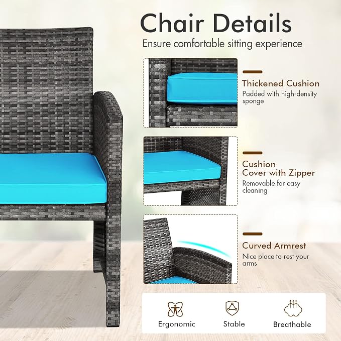 Outdoor Conversation Set, 8 Pieces Wicker Patio Furniture Set with Ergonomic Curved Design, Water-Resistant Cushion & Tempered Glass Table for Porch,Balcony(Turquoise)