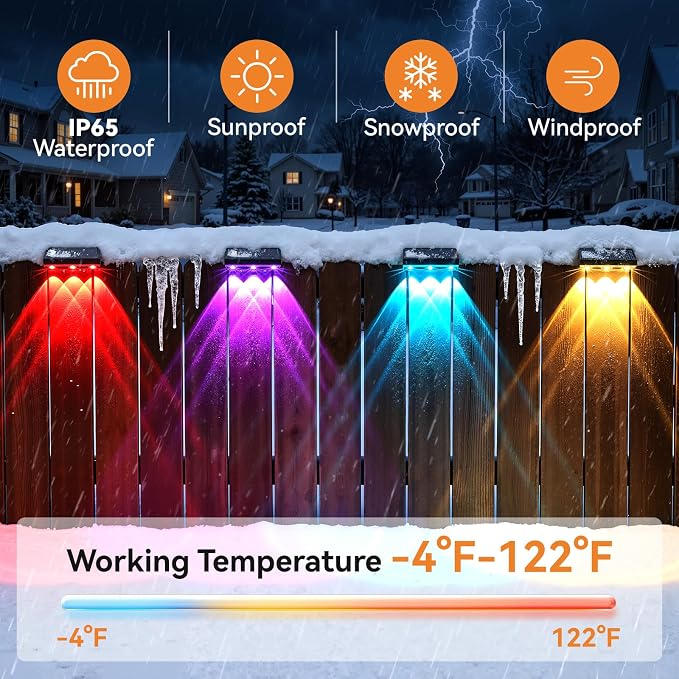 Solar Fence Lights Outdoor 6 Pack, Upgraded Brightness 3X LED Lens Fence Lights Solar Powered, 9 Fixed Colors & RGB Lights, IP65 Waterproof Solar Lights for Outside Backyard/Railing/Step/Patio