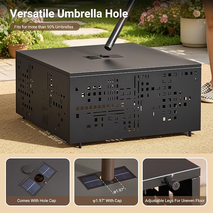 HOOOWOOO Outdoor Patio Solar Table with Umbrella Hole,Metal Coffee Side End Table,Umbrella Table with 2" Hole for Yard,Deck,Porch,Garden(Square Black)